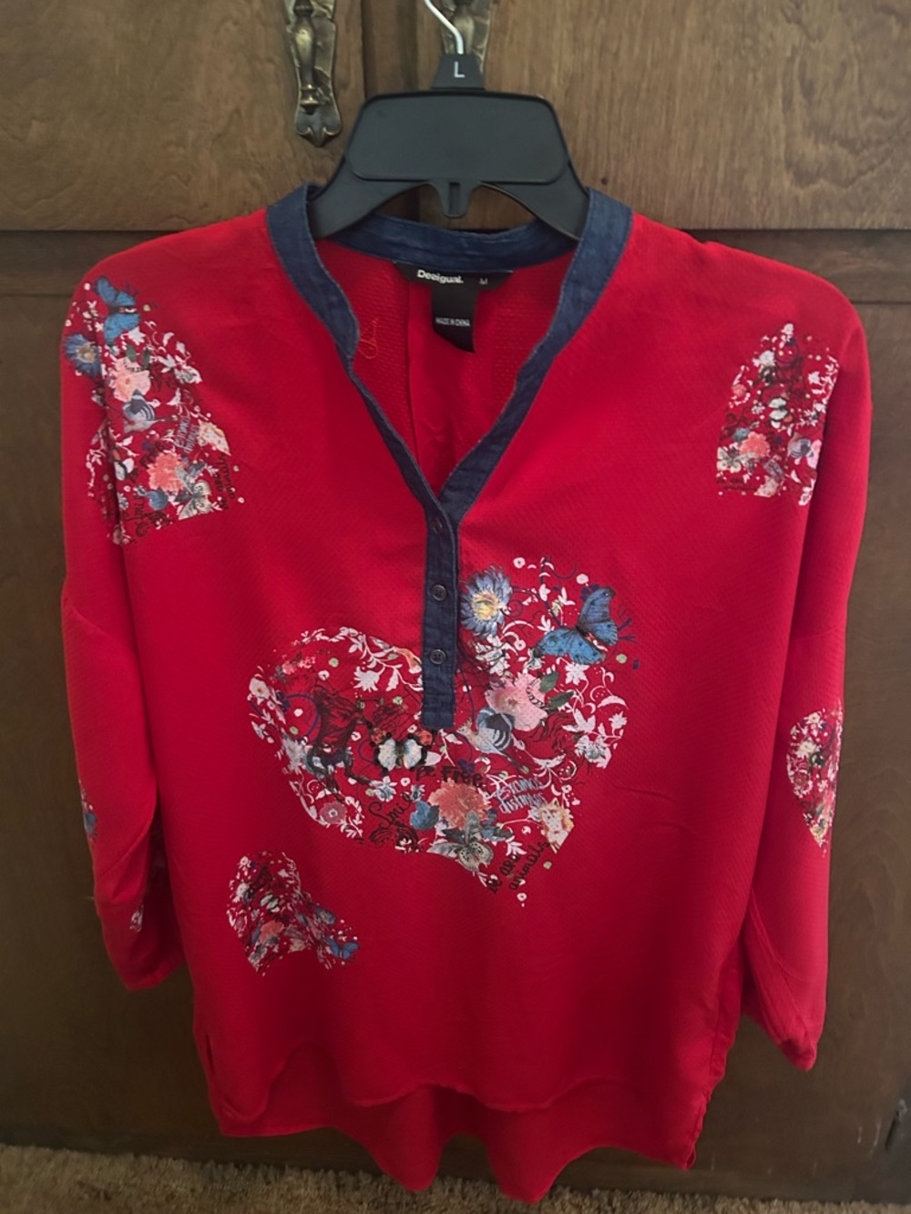 Desigual Red Floral Heart ❤️ Top with Navy Trim.